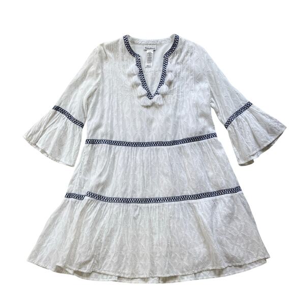 Tommy Bahama Cotton Clip Embroidered Tiered Dress Size XS White Navy Resort - Picture 1 of 6